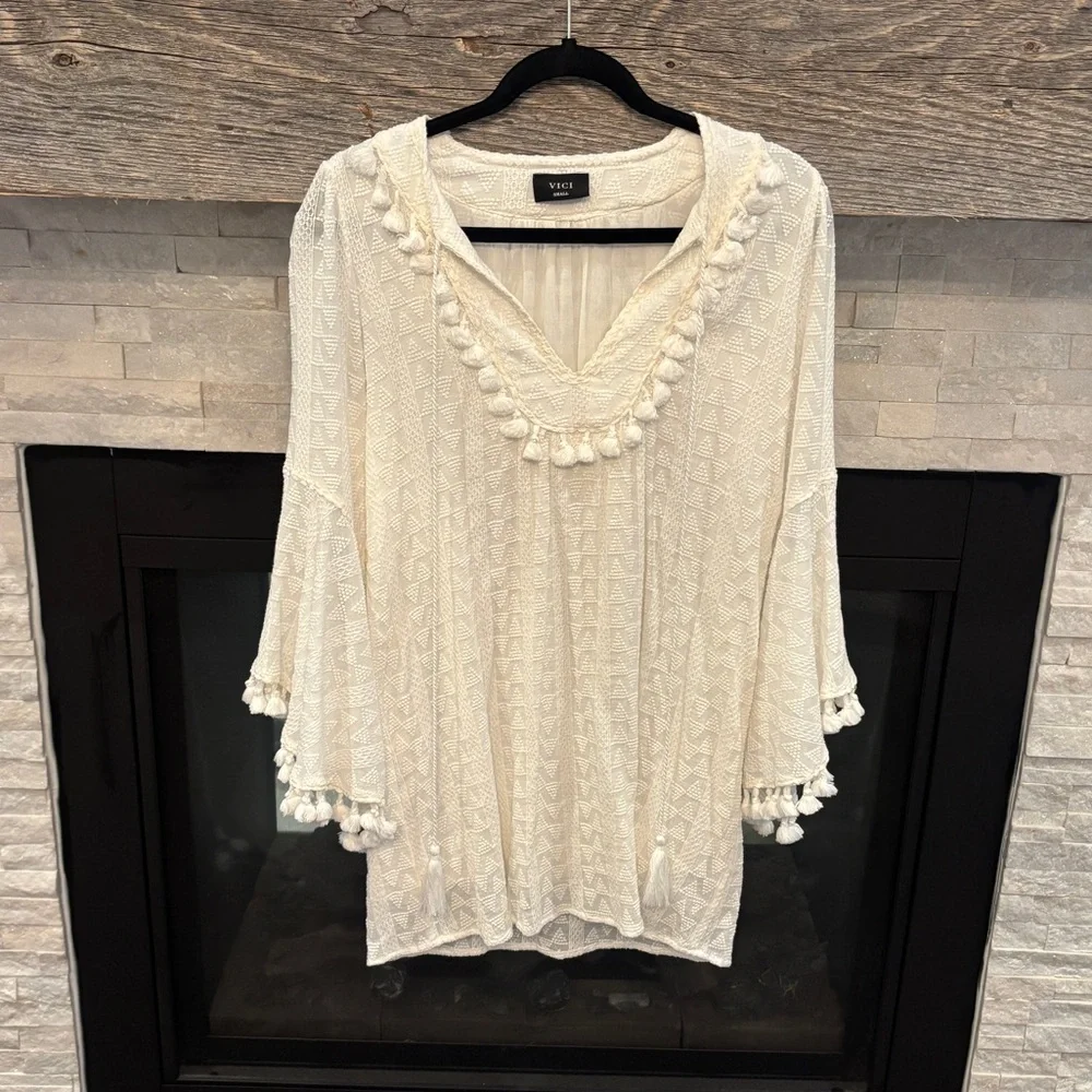 NWOT- White Boho embroidered Tassel Dress - Picture 2 of 5